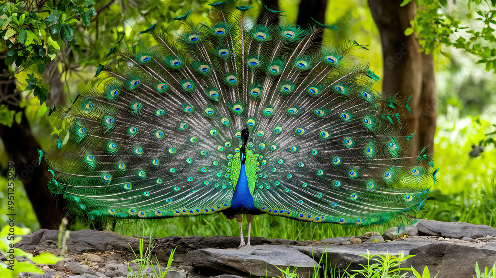 Obraz premium Beautiful Peacock with Vibrant Feathers Displayed in Full Splendor, Richly Colored Plumage, Elegant and Majestic Bird, Detailed Peacock Features, Exotic Bird with Stunning Colors