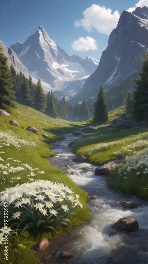 A serene landscape featuring mountains, a flowing stream, and blooming flowers under a clear sky. A serene landscape featuring mountains, a flowing stream, and blooming flowers under a clear sky.