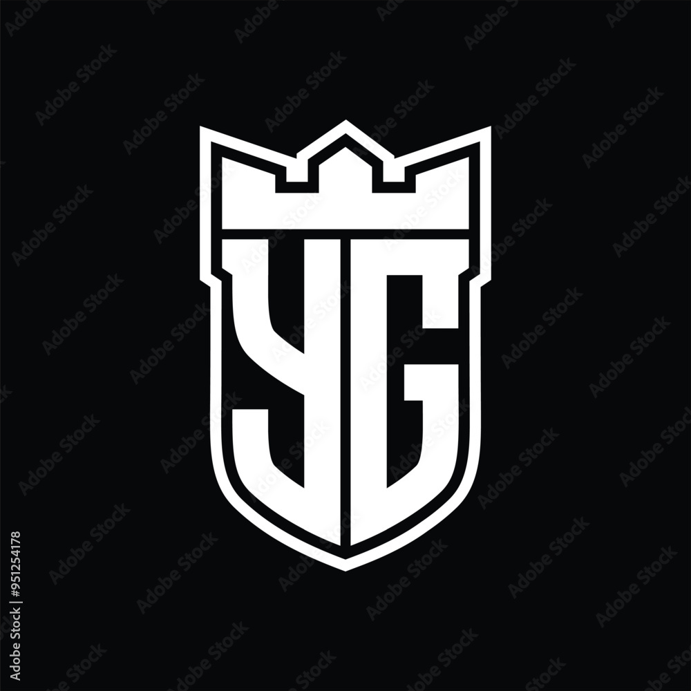 YG Logo shield shape with geometric crown inside white outline on black background template design YG Logo shield shape with geometric crown inside white outline on black background template design