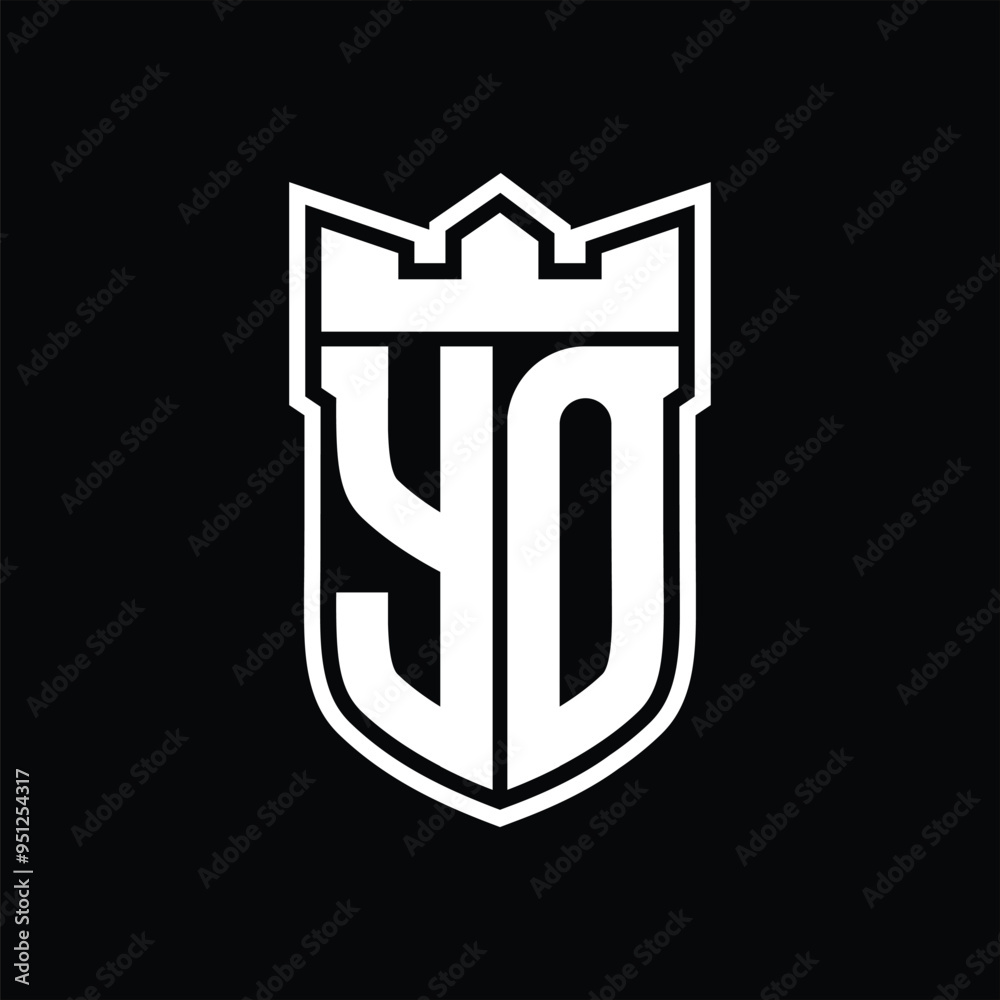 YO Logo shield shape with geometric crown inside white outline on black background template design YO Logo shield shape with geometric crown inside white outline on black background template design