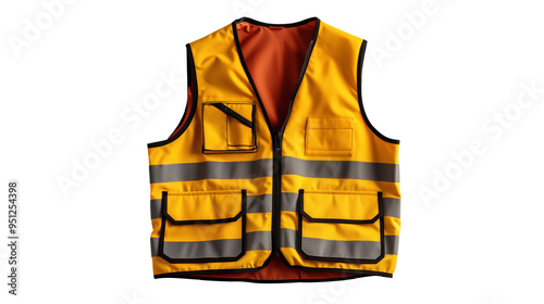 High visibility yellow safety vest with reflective stripes on a clean and transparent background, ideal for construction and safety themed projects, png
