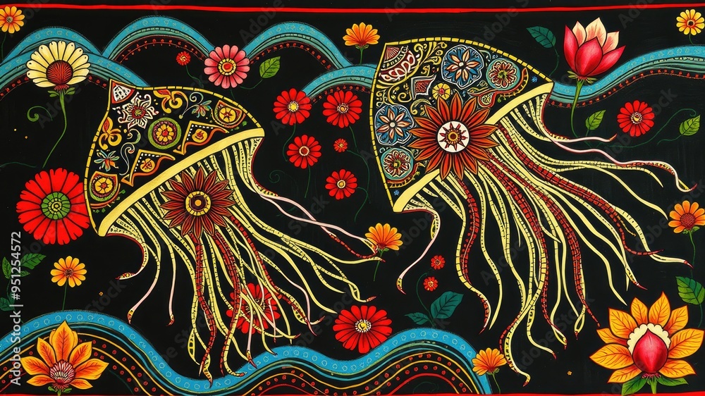 custom made wallpaper toronto digitalPattern with jellyfish, Abstract painting, jellyfish pattern, flower ornament pattern.seamless pattern with jellyfish and flowers, traditional Thai-style painting