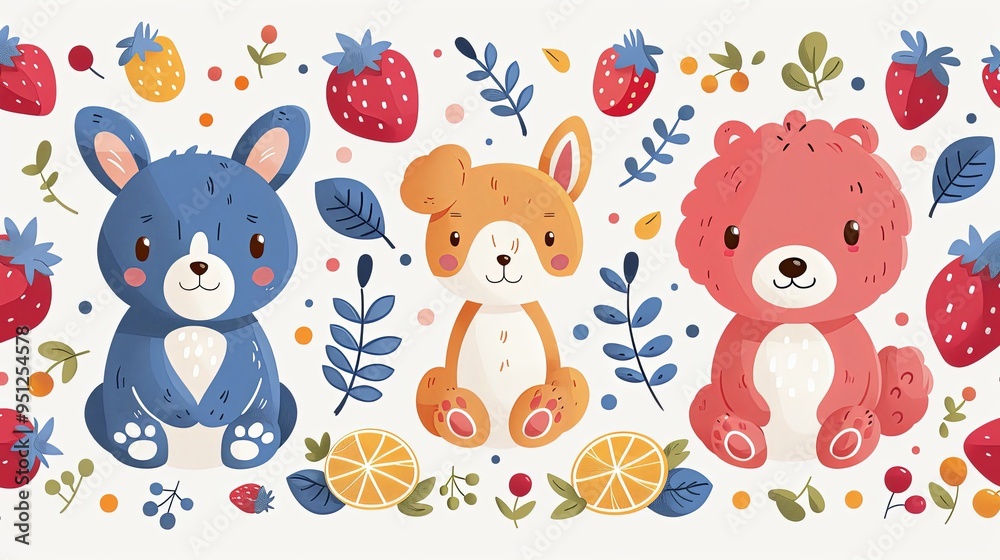 Gingham seamless vector pattern with kawaii bunny rabbit and dog puppy poodle with summer berries. Tartan check for tablecloths, napkins, clothes, packaging. Cute childish background, pastel palette Gingham seamless vector pattern with kawaii bunny rabbit and dog puppy poodle with summer berries. Tartan check for tablecloths, napkins, clothes, packaging. Cute childish background, pastel palette