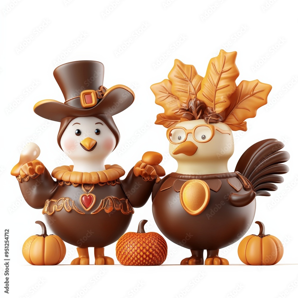 Chocolate Turkey Couple With Pumpkins 3D Render. Chocolate Turkey Couple With Pumpkins 3D Render.