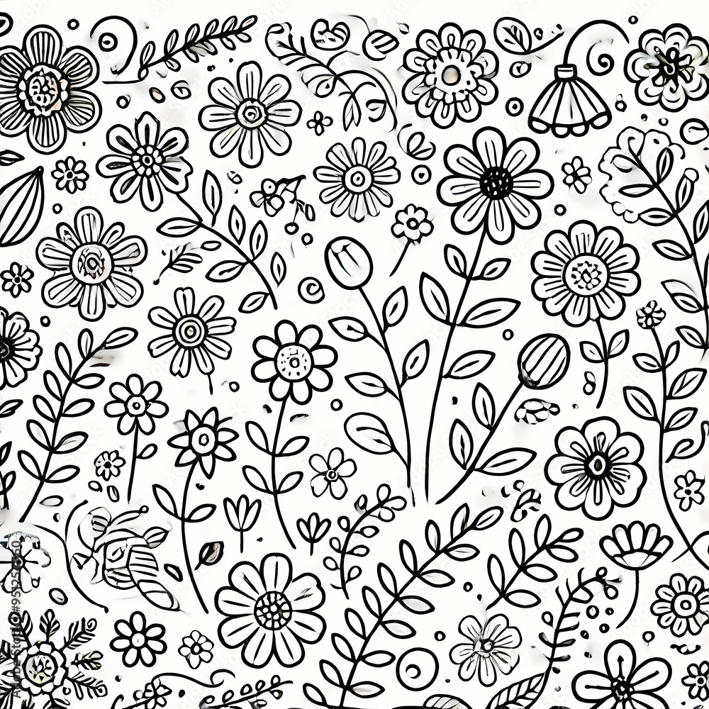 Fototapeta premium floral folk pattern line drawing illustration coloring page background 