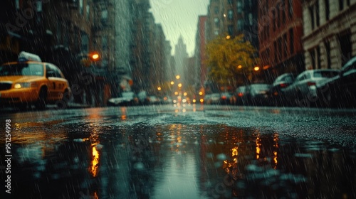 A quiet city street under a heavy downpour, with shimmering reflections on the wet pavement, creating a moody and atmospheric scene with space for text.