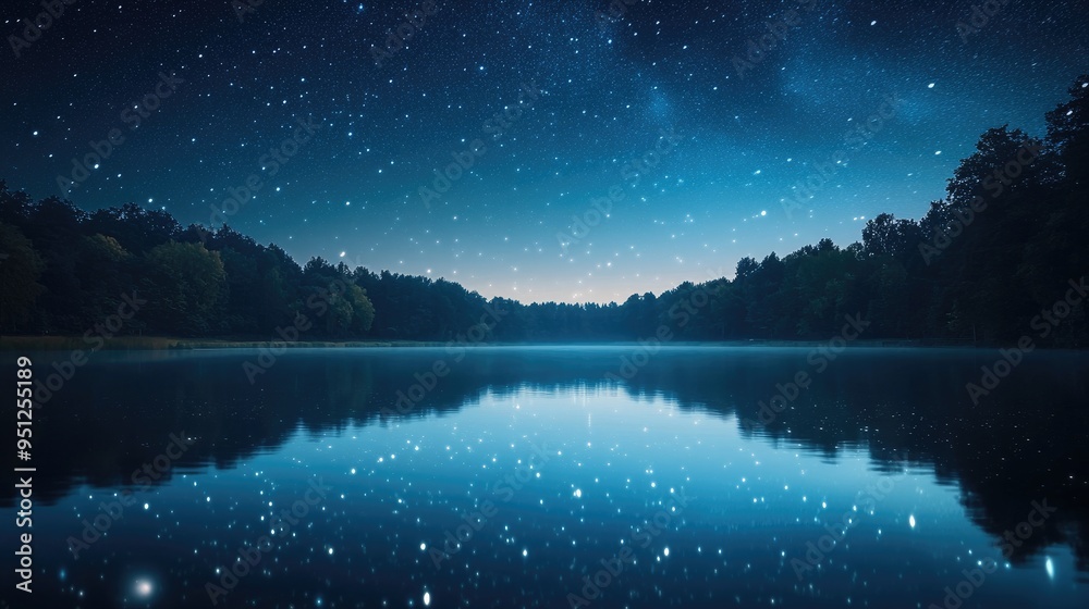 A quiet lake under a clear night sky, with the stars reflecting on the surface of the water, creating a magical scene. A quiet lake under a clear night sky, with the stars reflecting on the surface of the water, creating a magical scene.