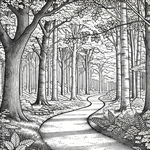 landscape illustration with a forest path and dense grown trees, blck and white line art,  , sketch of the park photo