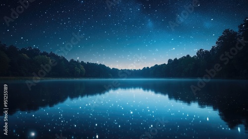 A quiet lake under a clear night sky, with the stars reflecting on the surface of the water, creating a magical scene.