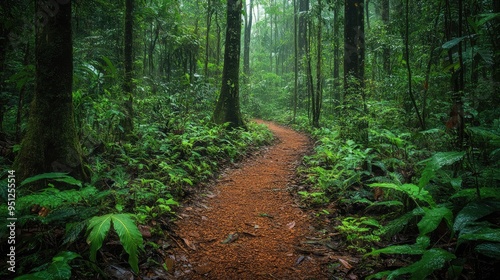 A quiet rainforest trail winding through thick vegetation, with vines hanging from the trees and the sound of distant wildlife.