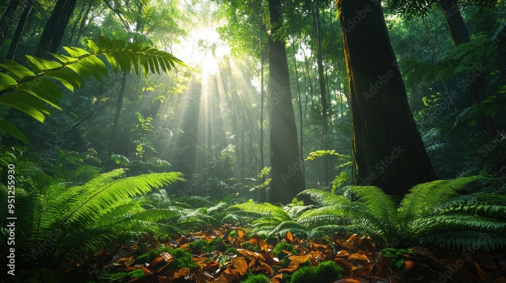 Obraz premium A rainforest floor covered in ferns, vines, and fallen leaves, with towering trees stretching up towards the light.