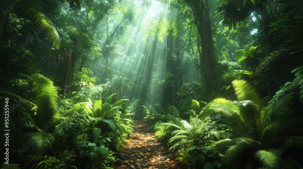A rainforest floor covered in ferns, vines, and fallen leaves, with towering trees stretching up towards the light.