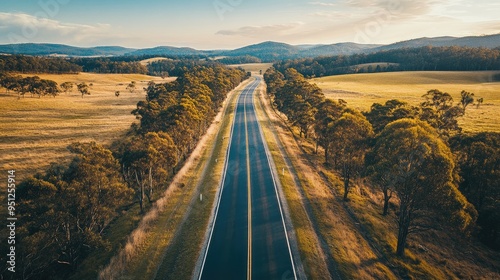 Aerial view of a scenic road lined with trees cutting through a grassy field.