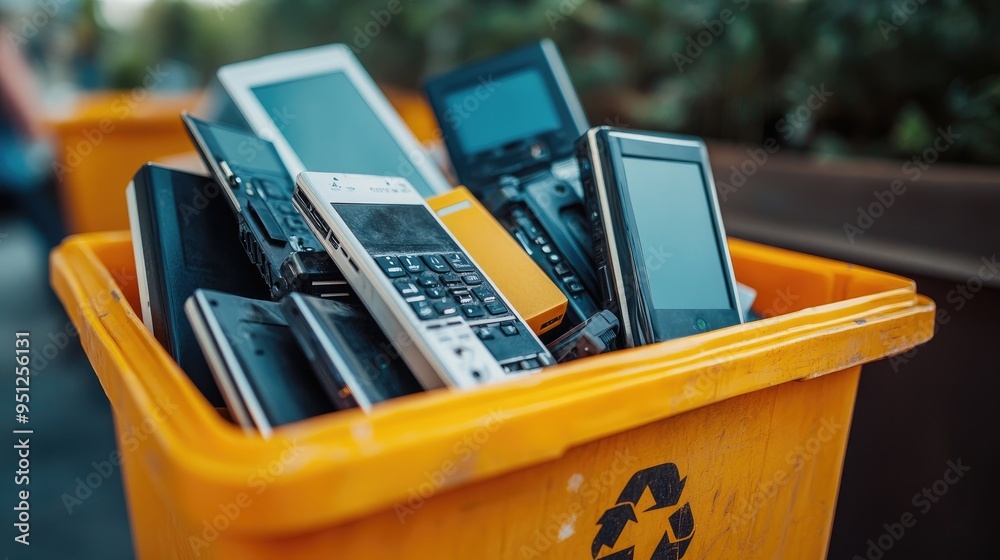 A recycling bin filled with outdated electronic devices, emphasizing the importance of proper disposal with ample room for messaging. A recycling bin filled with outdated electronic devices, emphasizing the importance of proper disposal with ample room for messaging.