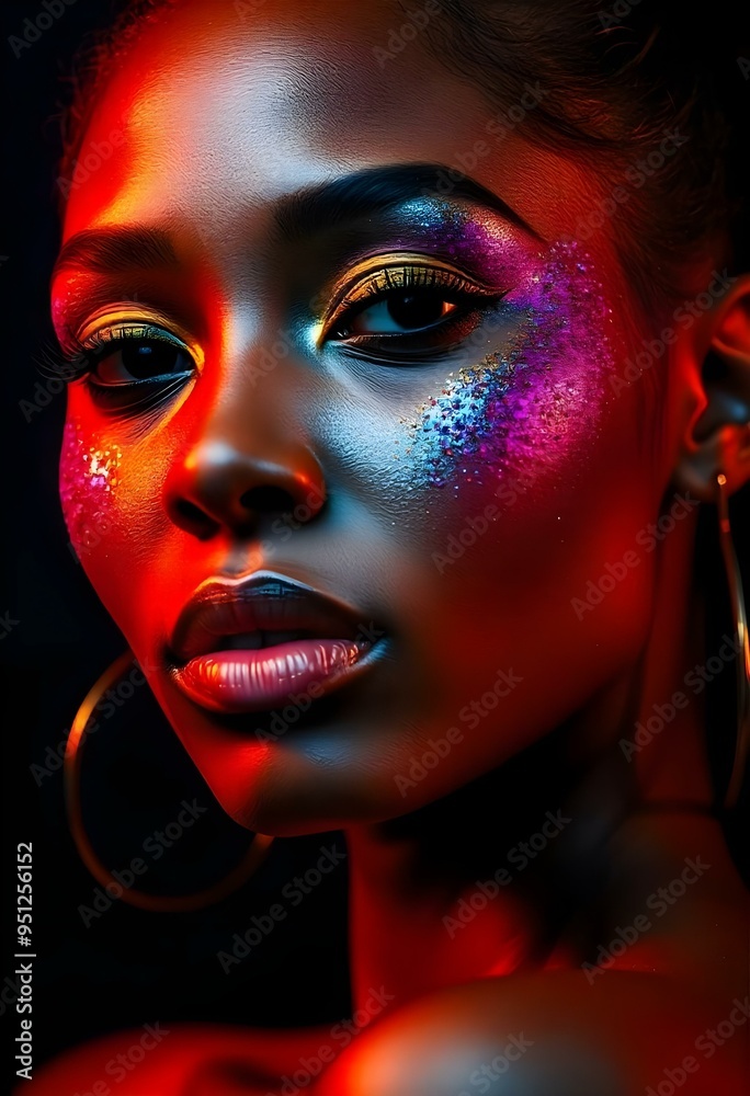 Vibrant Glitter Makeup on Woman's Face in Dramatic Lighting Vibrant Glitter Makeup on Woman's Face in Dramatic Lighting