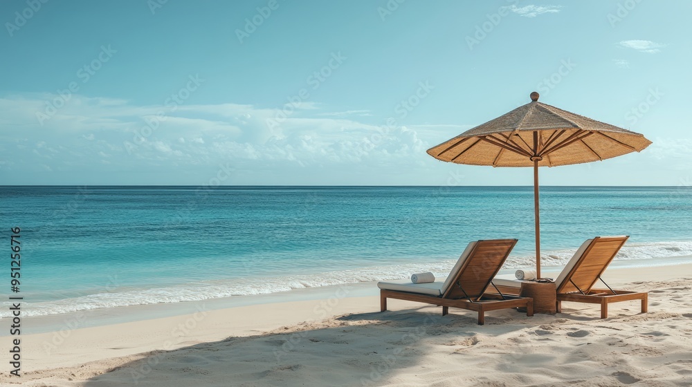 A relaxing beach backdrop with lounge chairs and a beach umbrella, set against a calm ocean. Clear copy space. A relaxing beach backdrop with lounge chairs and a beach umbrella, set against a calm ocean. Clear copy space.
