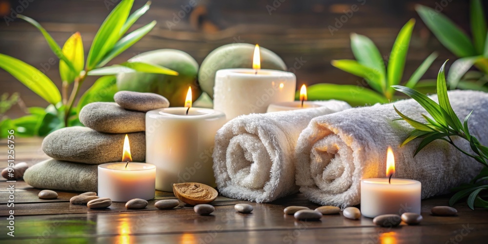 Spa day setting with glowing candles, fluffy towels, and smooth stones, spa, relaxation, wellness, pampering, self-care Spa day setting with glowing candles, fluffy towels, and smooth stones, spa, relaxation, wellness, pampering, self-care