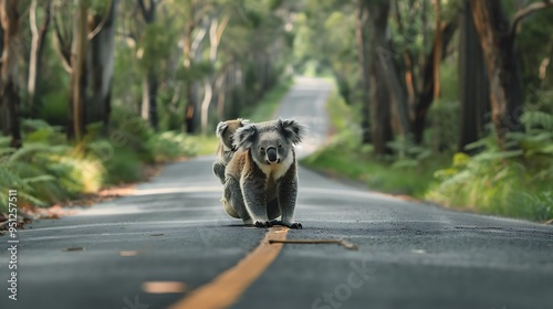 A mother koala prepares to cross a narrow road encircled by lush vegetation while her youngling is carried on her back