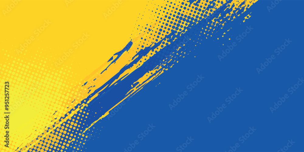 Abstract grunge vector background with paint brush and halftone effect, banner design template with blue and yellow gradient