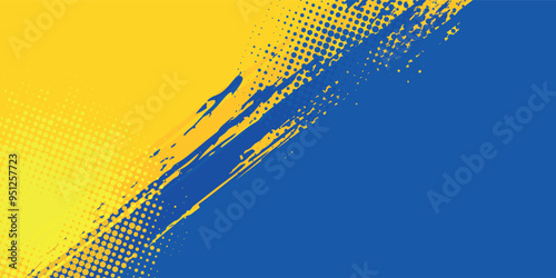Abstract grunge vector background with paint brush and halftone effect, banner design template with blue and yellow gradient