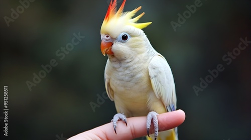 A close up photograph showcasing a Cockatiel a small parrot species perched on a human finger and displaying an affectionate interaction  The image captures the bird s delicate features