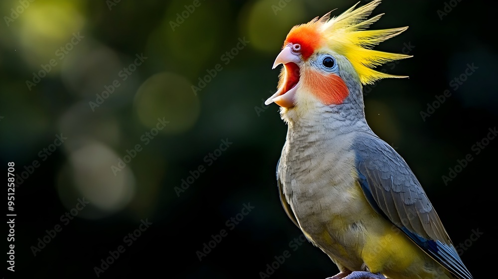Vibrant Cockatiel Singing with Open Beak Displaying Colorful Feathers   Closeup Shot of Crested Parrot Bird Perched and Vocalizing in Natural Setting