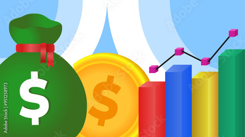 Money bag and a sack of dollar coin vector illustration in a minimalist background. Suitable for business financial and investment growth content
