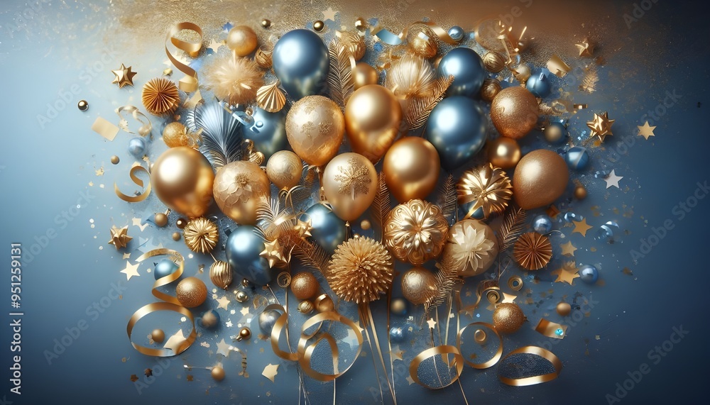 Holiday background with golden and blue metallic balloons, confetti and ribbons. Festive card for birthday party, anniversary, new year, christmas or other events. Created with generative Ai Holiday background with golden and blue metallic balloons, confetti and ribbons. Festive card for birthday party, anniversary, new year, christmas or other events. Created with generative Ai