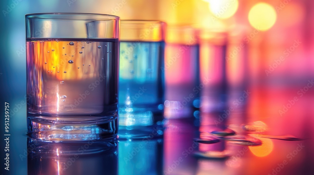 A row of glasses filled with clear water, each catching the light and reflecting a colorful background. A row of glasses filled with clear water, each catching the light and reflecting a colorful background.