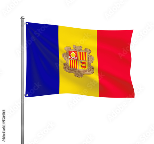 Andorra flag waving in the wind on a silver pole, isolated on transparent background