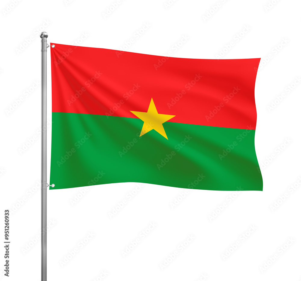 Burkina Faso flag waving in the wind on a silver pole, isolated on transparent background Burkina Faso flag waving in the wind on a silver pole, isolated on transparent background