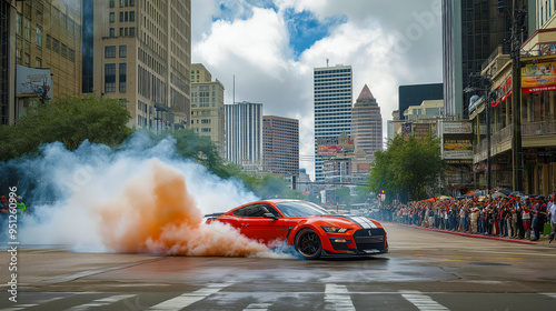 A high-end sports car spinning out and drifting with dynamic smoke patterns from its tires on a busy street in Houston, TX. photo