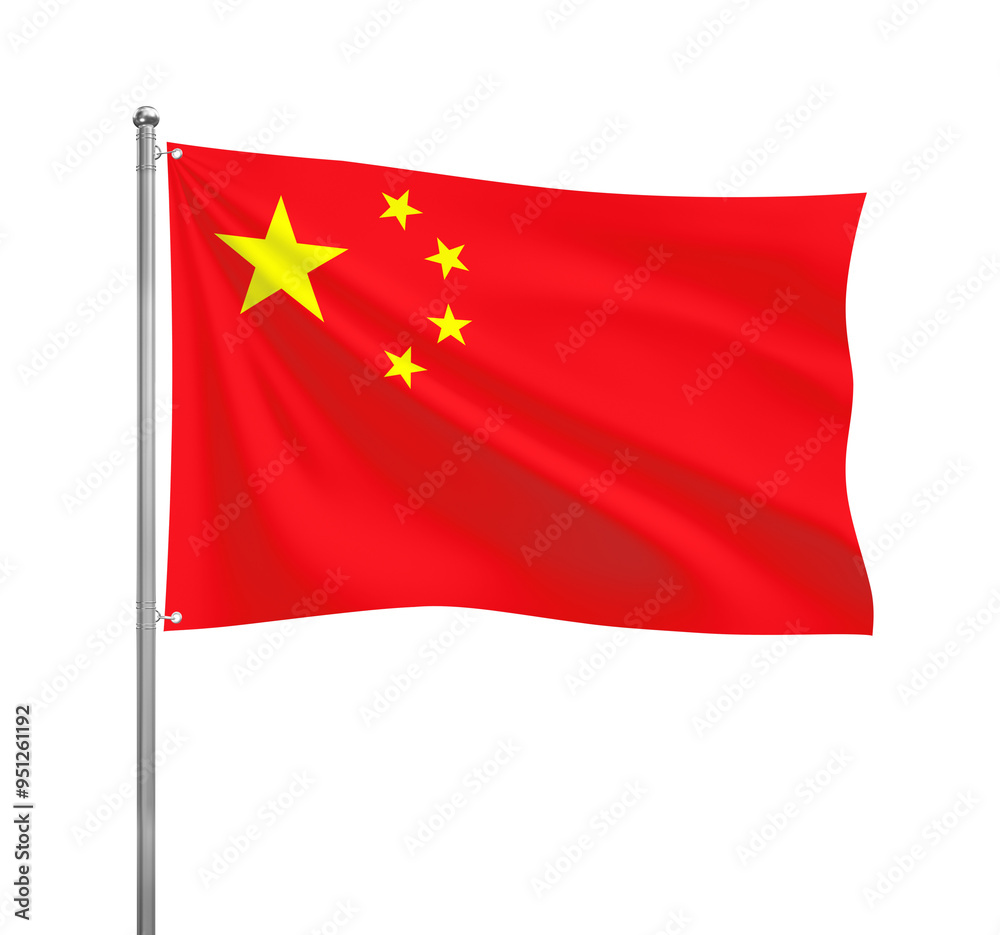 China flag waving in the wind on a silver pole, isolated on transparent background China flag waving in the wind on a silver pole, isolated on transparent background