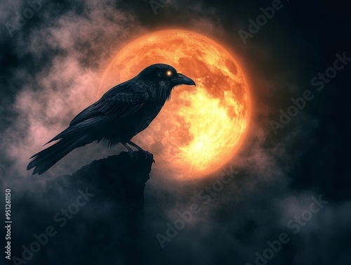 A futuristic Halloween night with a holographic raven, its shadow flickering against a glowing full moon, surrounded by eerie digital fog photo