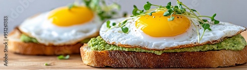 Delicious fried eggs served on toasted bread with avocado spread and fresh microgreens, perfect for breakfast or brunch. photo