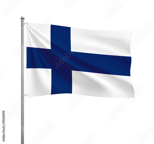 Finland flag waving in the wind on a silver pole, isolated on transparent background
