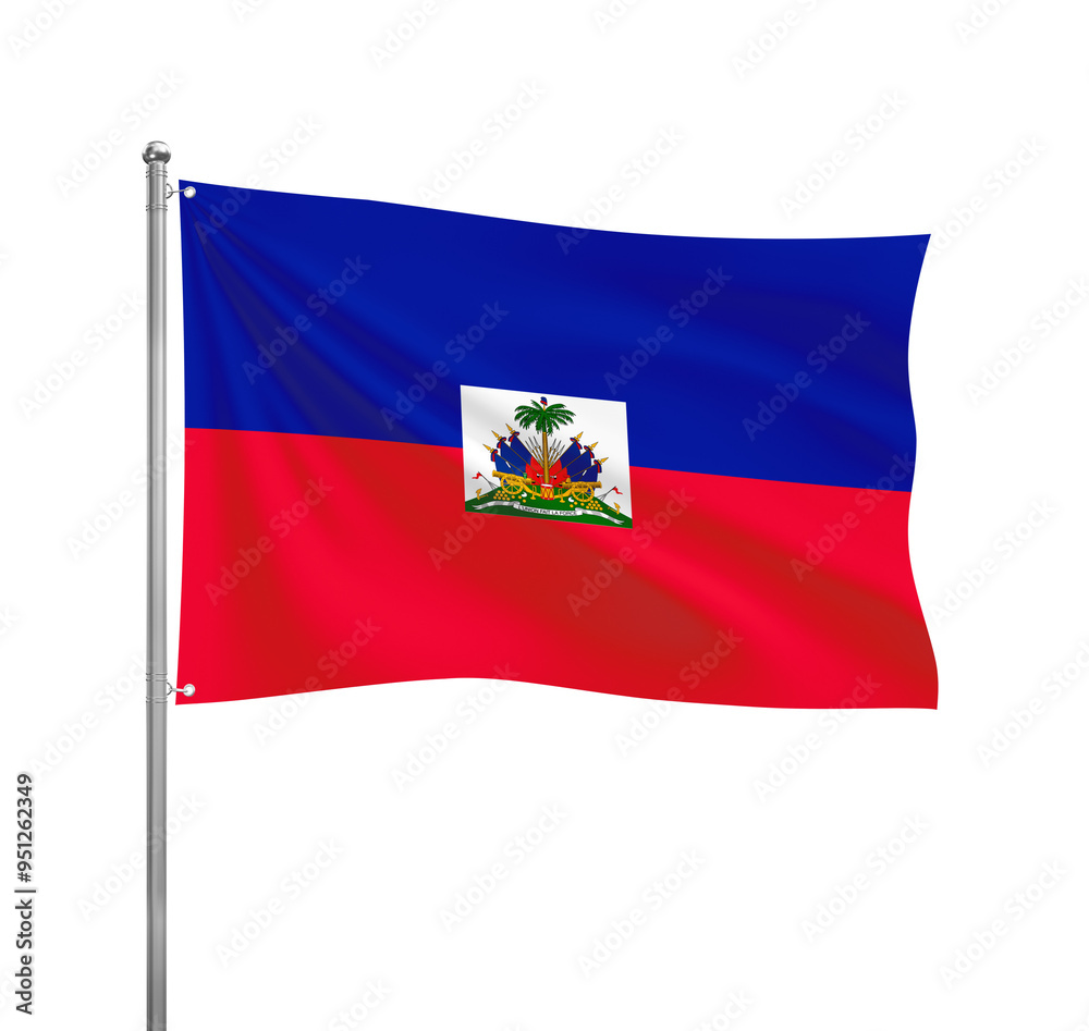 Fototapeta premium Haiti flag waving in the wind on a silver pole, isolated on transparent background