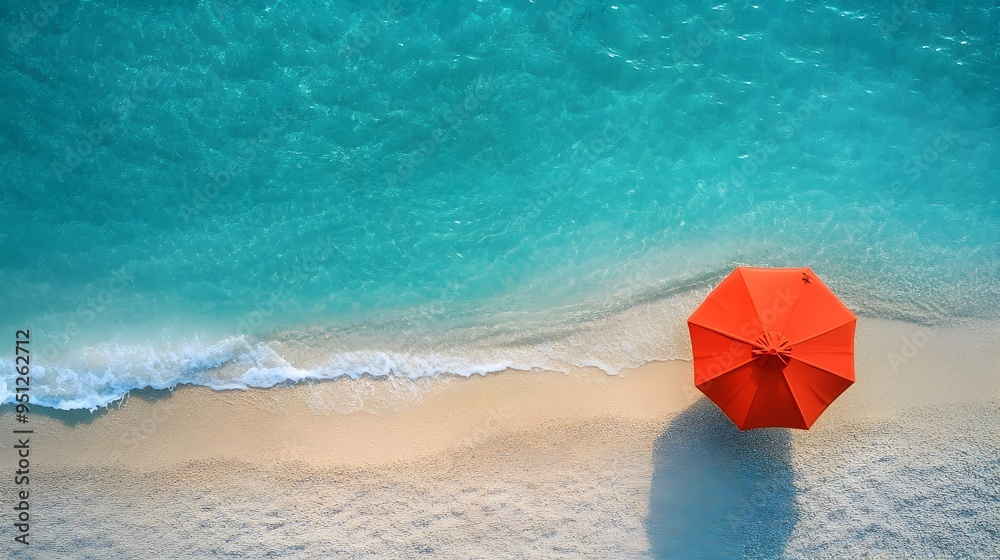 Fototapeta premium Aerial View of Vibrant Red Umbrella on Serene Tropical Beach with Turquoise Waters
