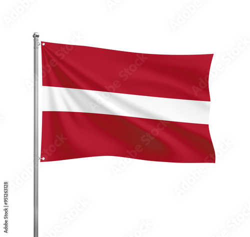 Latvia flag waving in the wind on a silver pole, isolated on transparent background
