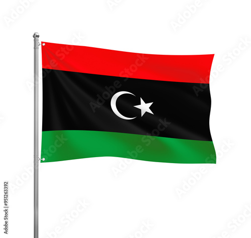 Libya flag waving in the wind on a silver pole, isolated on transparent background