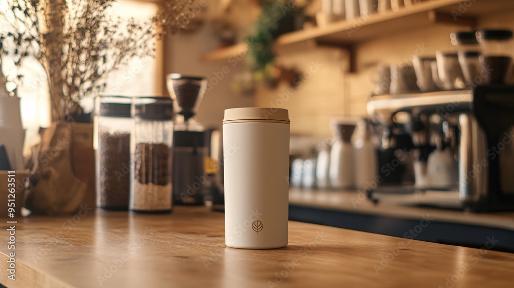 Beige Travel Mug in Sunlit Cozy Café Setting Beige Travel Mug in Sunlit Cozy Café Setting