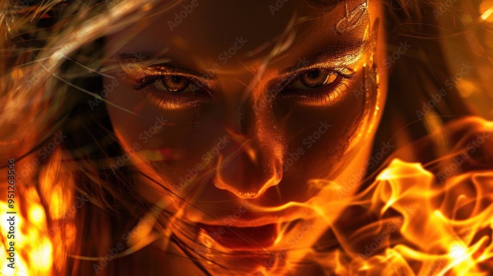 A fierce woman's expression ignites as flames dance wildly in the background, casting an intense glow and reflecting in her seething eyes