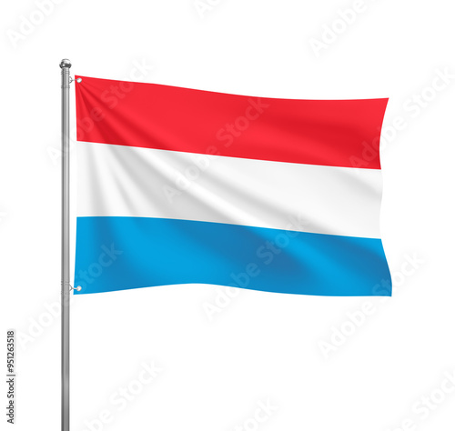 Luxembourg flag waving in the wind on a silver pole, isolated on transparent background