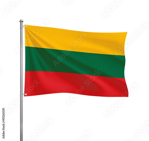Lithuania flag waving in the wind on a silver pole, isolated on transparent background