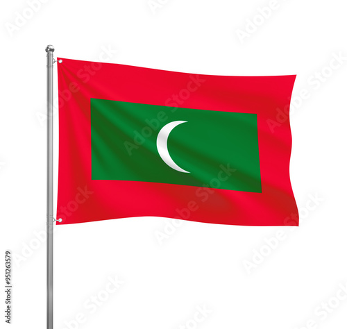 Maldives flag waving in the wind on a silver pole, isolated on transparent background