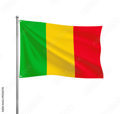 Mali flag waving in the wind on a silver pole, isolated on transparent background