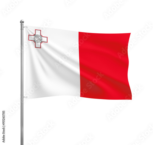 Malta flag waving in the wind on a silver pole, isolated on transparent background