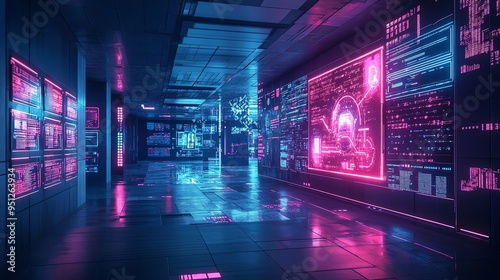 A hyper-connected futuristic company hub, holographic screens displaying live data exchanges, innovation flowing through AI-driven circuits, neon accents photo