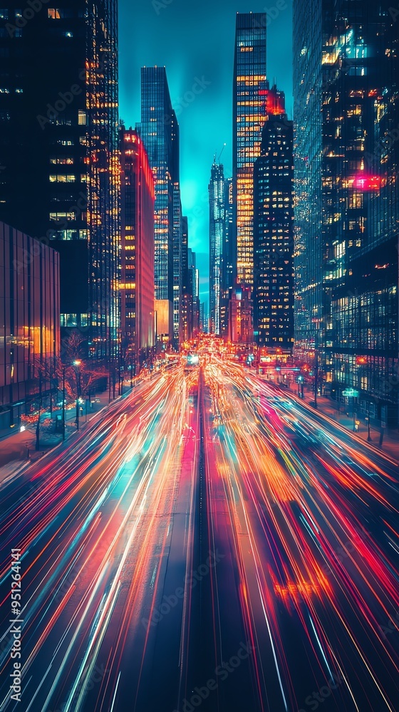 Fototapeta premium Advanced corporate cityscape, innovation flowing in digital streams between high-rise company towers, exchange of ideas visualized as light trails