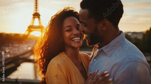 A close-up portrait of a couple on their honeymoon in Paris photo